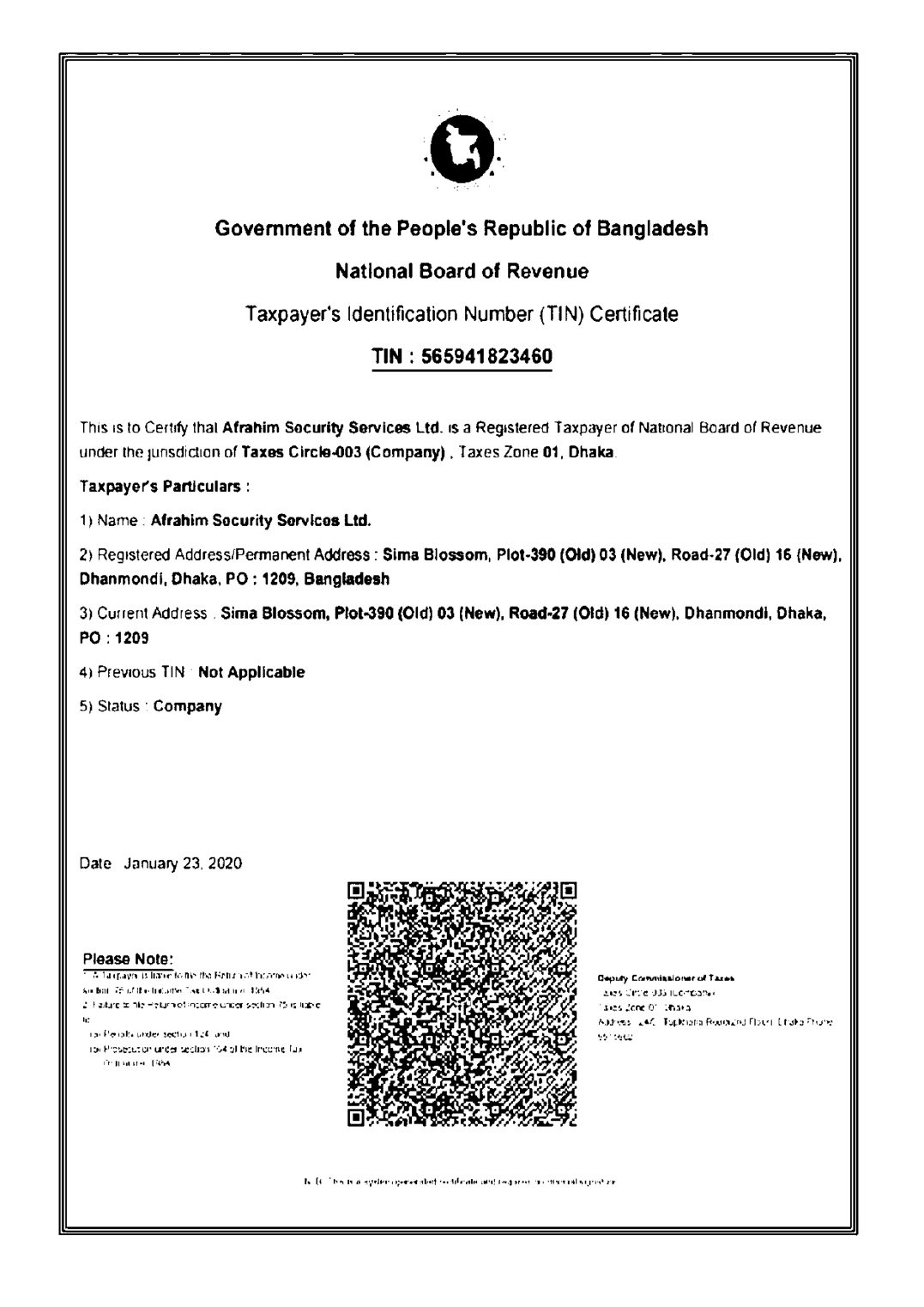 TIN Certificate — document preview